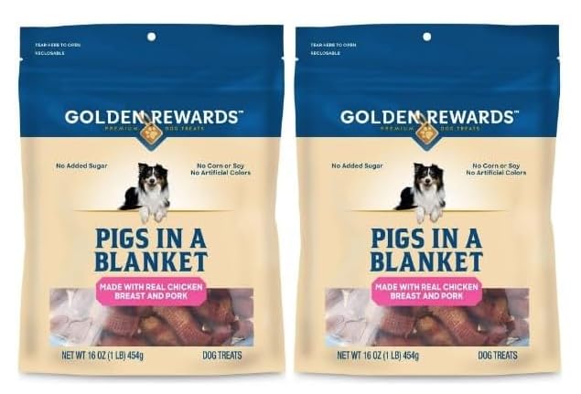 Golden Rewards Pigs in a Blanket: empaque 2 bolsas 16 oz para fácil almacenamiento.
