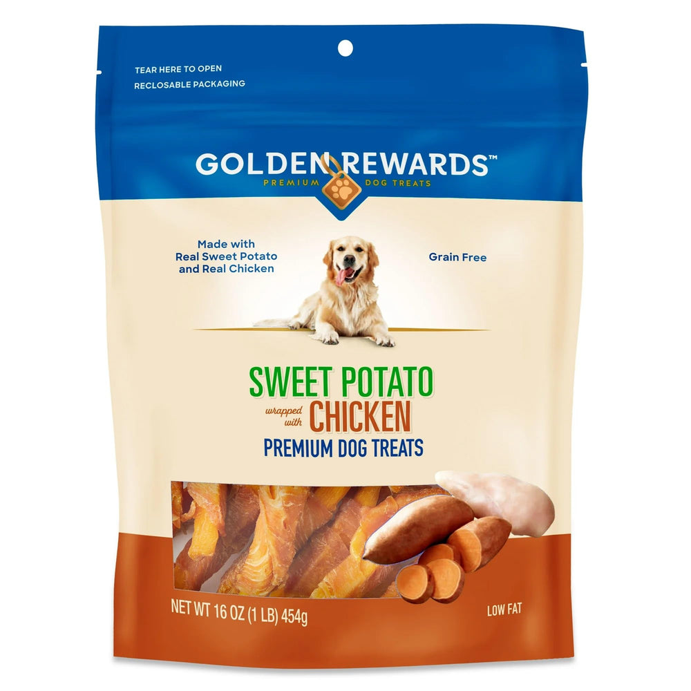 Golden Rewards tratamiento para perro patata dulce envuelta en pollo, ideal para entrenamiento.