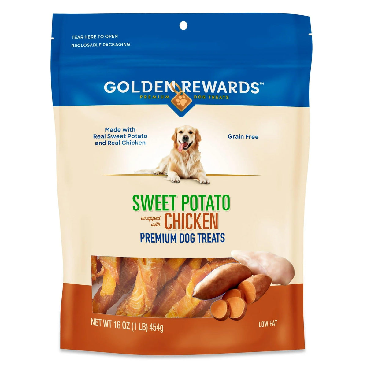 Golden Rewards tratamiento para perro patata dulce envuelta en pollo, ideal para entrenamiento.