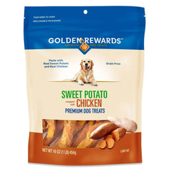 Golden Rewards tratamiento para perro patata dulce envuelta en pollo, ideal para entrenamiento.