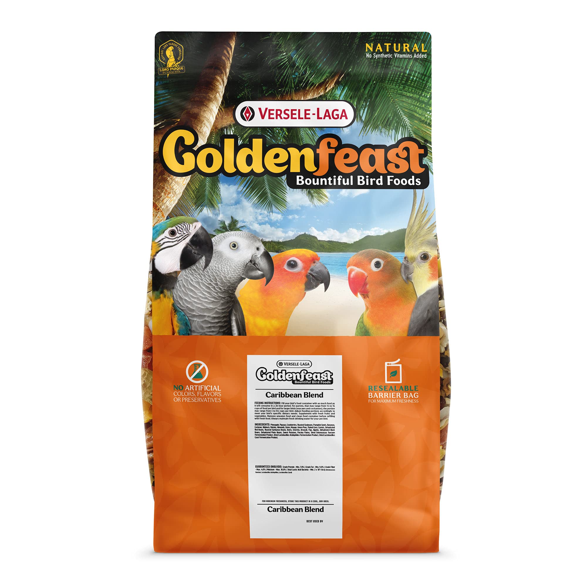Goldenfeast VL Caribbean Blend en bolsa de 17,5 lb, ideal para loros y aves grandes.