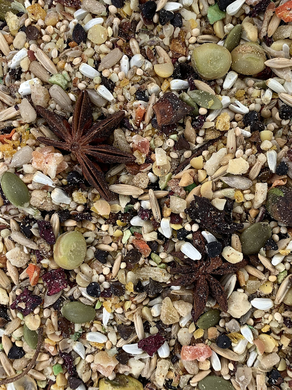 Goldenfeast VL Mezcla Sudamericana, aves comiendo, ideal para forrajeo y variedad de dieta.