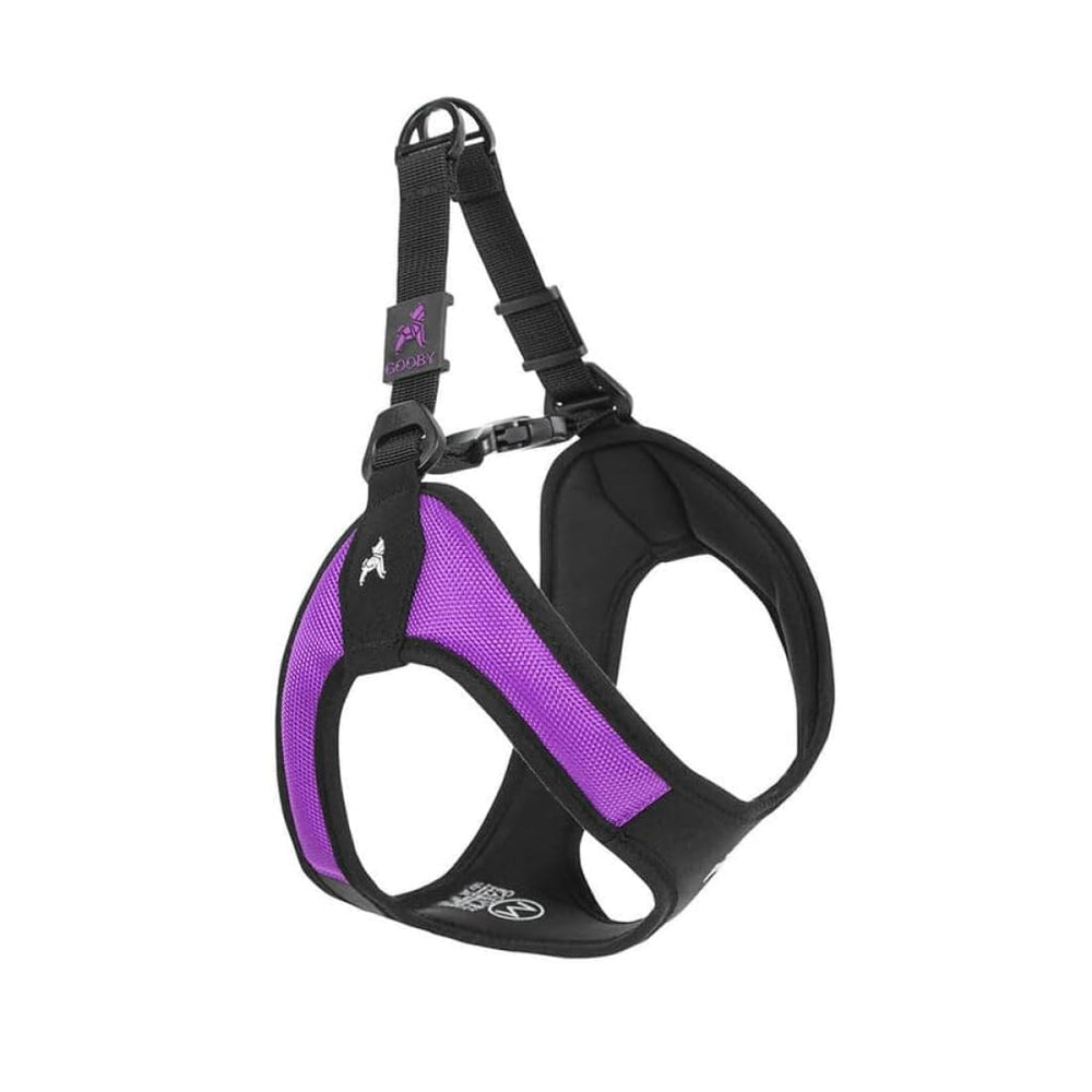 Gooby arnés fácil entrada morado, ideal para paseos diarios de perros pequeños.