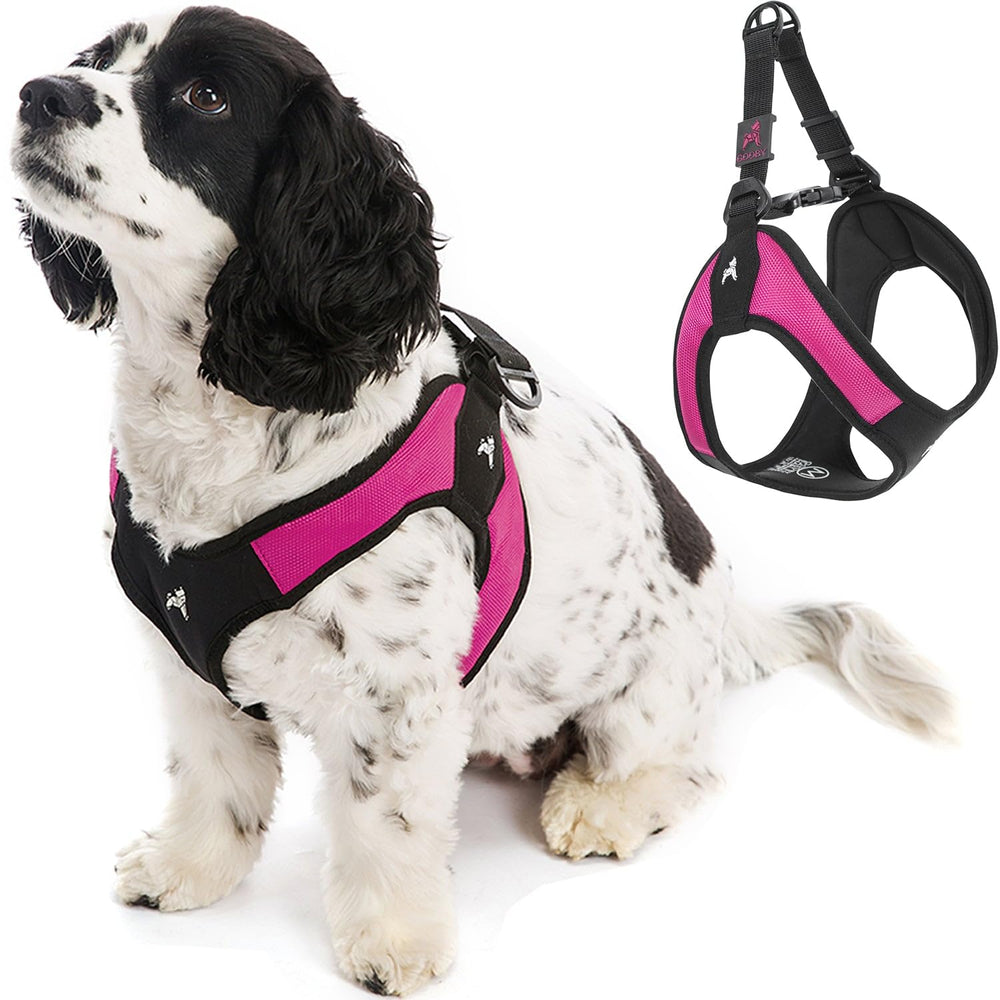 Gooby Escape Free Easy Fit rosa fucsia, arnés cómodo para paseos sin tirones.
