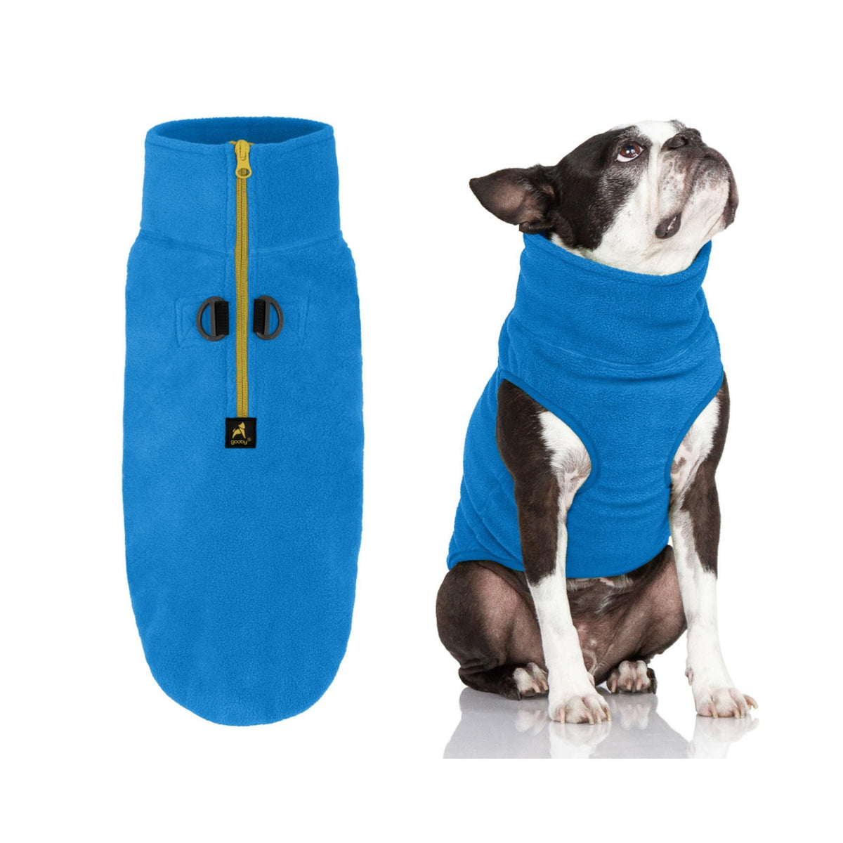 Gooby chaleco polar azul con media cremallera para paseos cómodos.