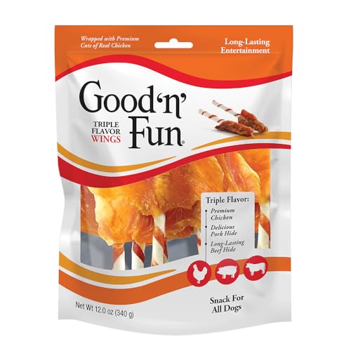 Good'n'Fun Triple Flavor Wings, detalle de sabores, opción sabrosa para masticar.
