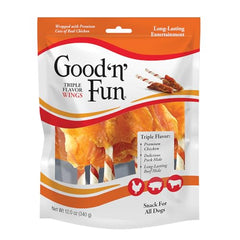 Good'n'Fun Triple Flavor Wings, detalle de sabores, opción sabrosa para masticar.