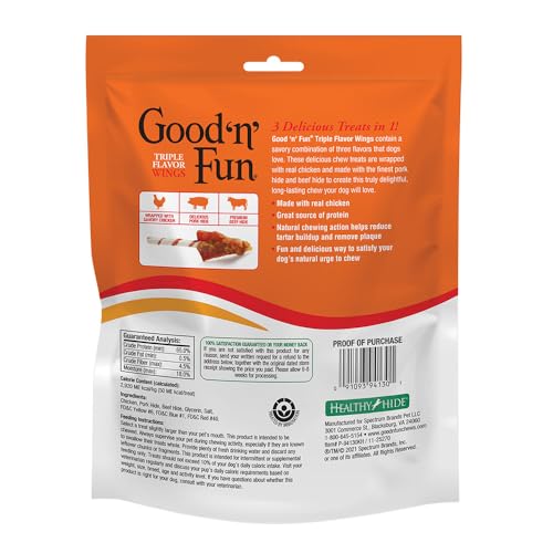 Good'n'Fun Triple Flavor Wings, forma de alitas, ideal para masticación divertida.