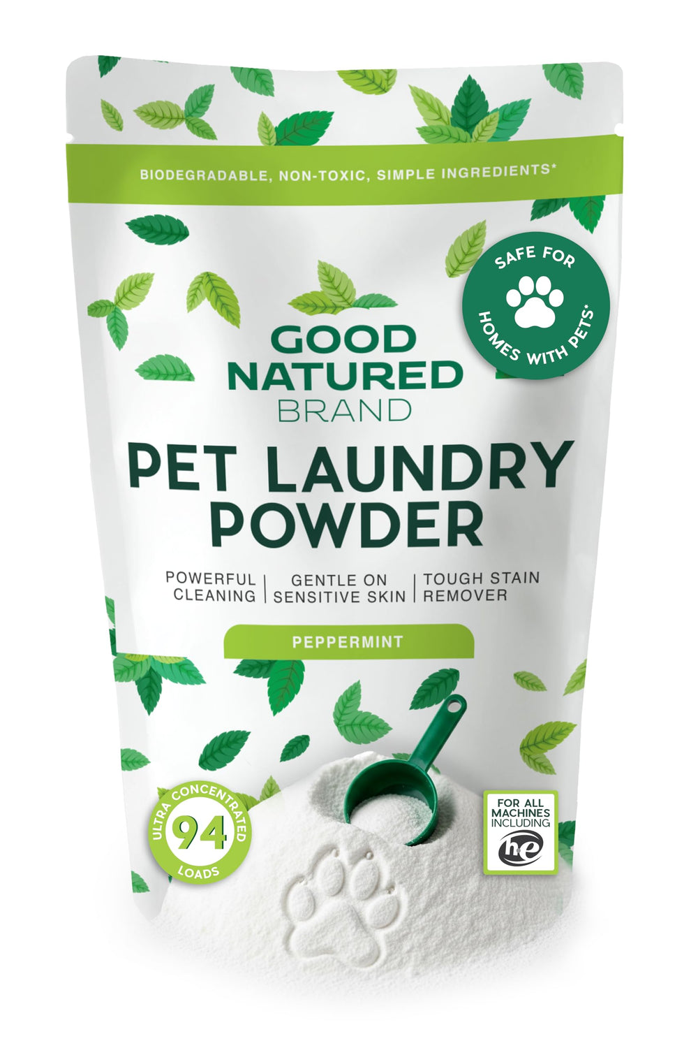 Good Natured Brand Detergente Mascotas, botella vertiendo, elimina olores y aroma a menta.