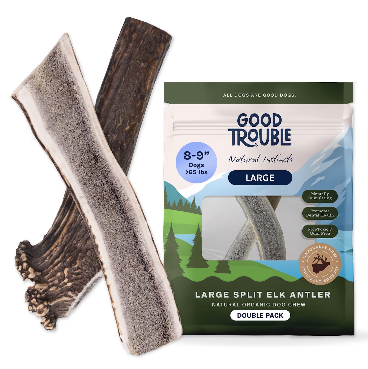 Good Trouble astas de alce divididas, dos piezas, mordida robusta para perros grandes