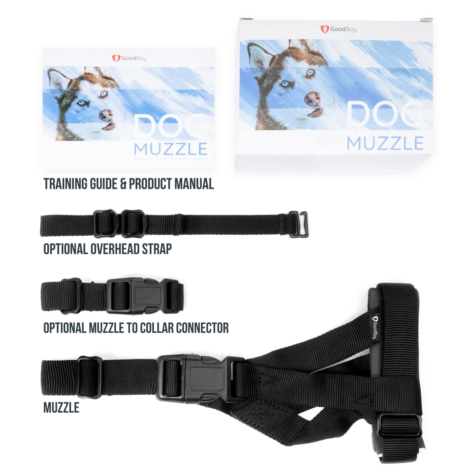 GoodBoy Gentle Muzzle Guard con correa de conexión para un ajuste más seguro.