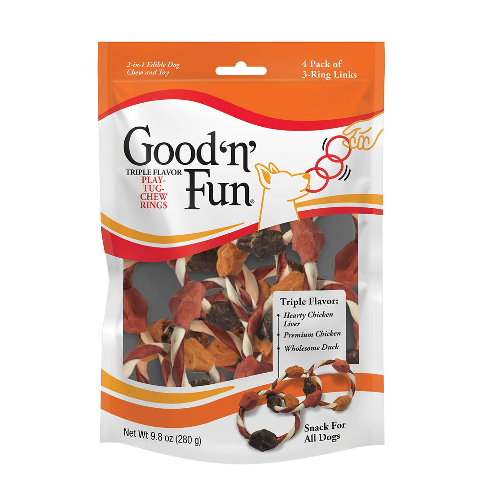 Good'n'Fun: anillo masticable de sabores triple para entretenimiento y posible higiene dental.