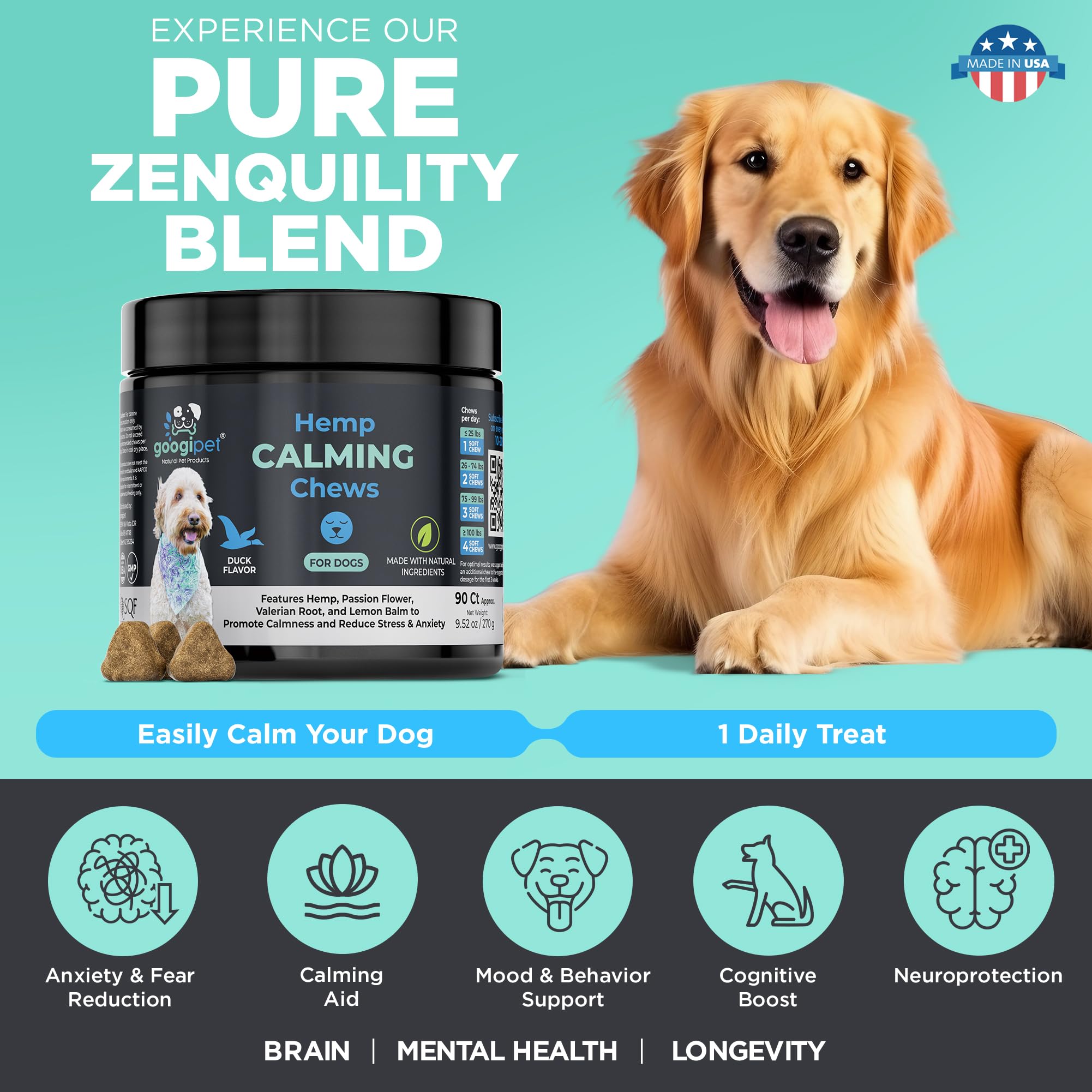 GOOGIPET Daily Hemp Calming Chews, perro comiendo suave snack calmante.