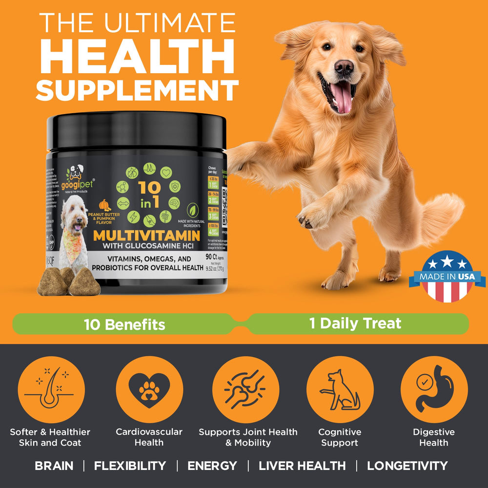 Googipet Premium 10 en 1: omegas 3-6 para piel y pelaje brillantes.