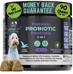 GOOGIPET Probiotics para perros; botella volcando, apoyo a la salud digestiva.