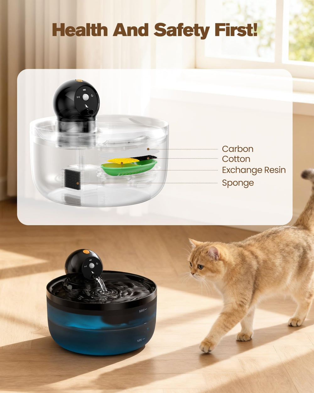 GOOIFUN bebedero para gatos, modo tres, ajusta flujos según actividad.