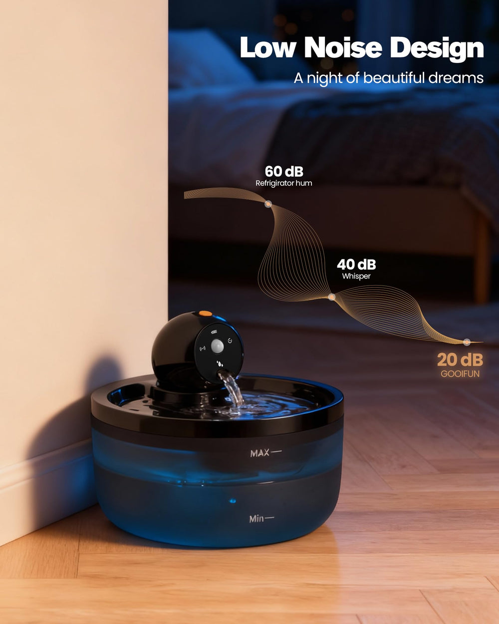 GOOIFUN fuente con sensor para gatos detecta presencia y activa el flujo.