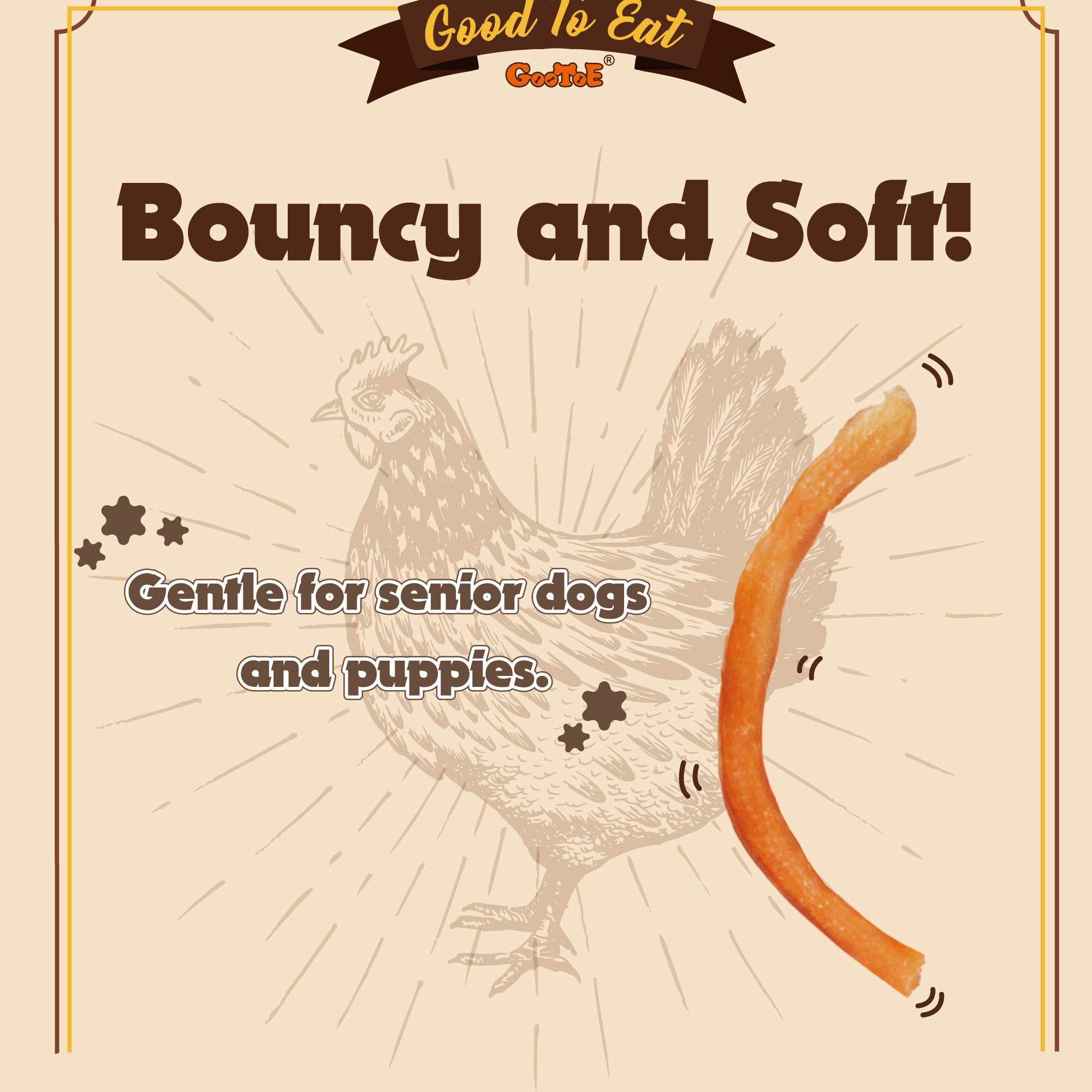 Gootoe jerky de pollo, alto en proteína y bajo en grasa para perros activos.