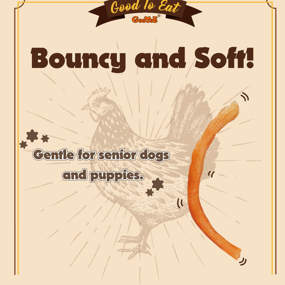 Gootoe jerky de pollo, alto en proteína y bajo en grasa para perros activos.