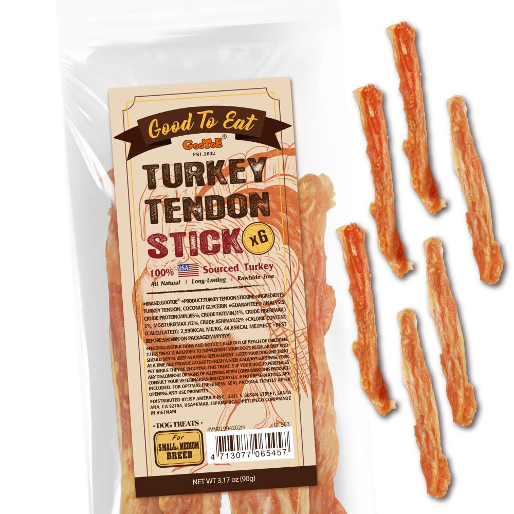 gootoe tendones de pavo para perros, paquete de 6, masticación prolongada