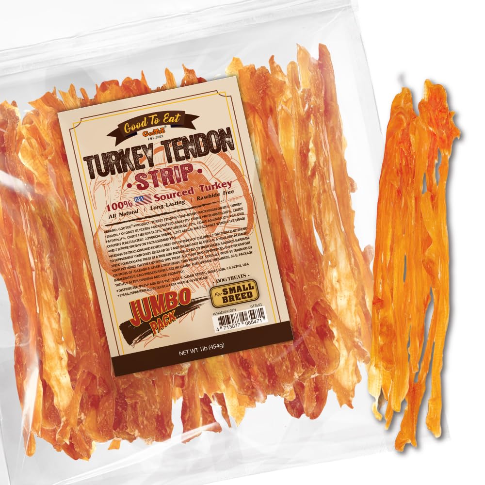 Gootoe Tendones de Pavo: empaque de 1 lb para perros pequeños, masticación prolongada.