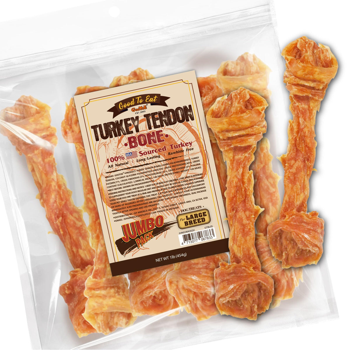 Gootoe tendones de pavo para perros, tamaño L, masticables duraderos para razas grandes.