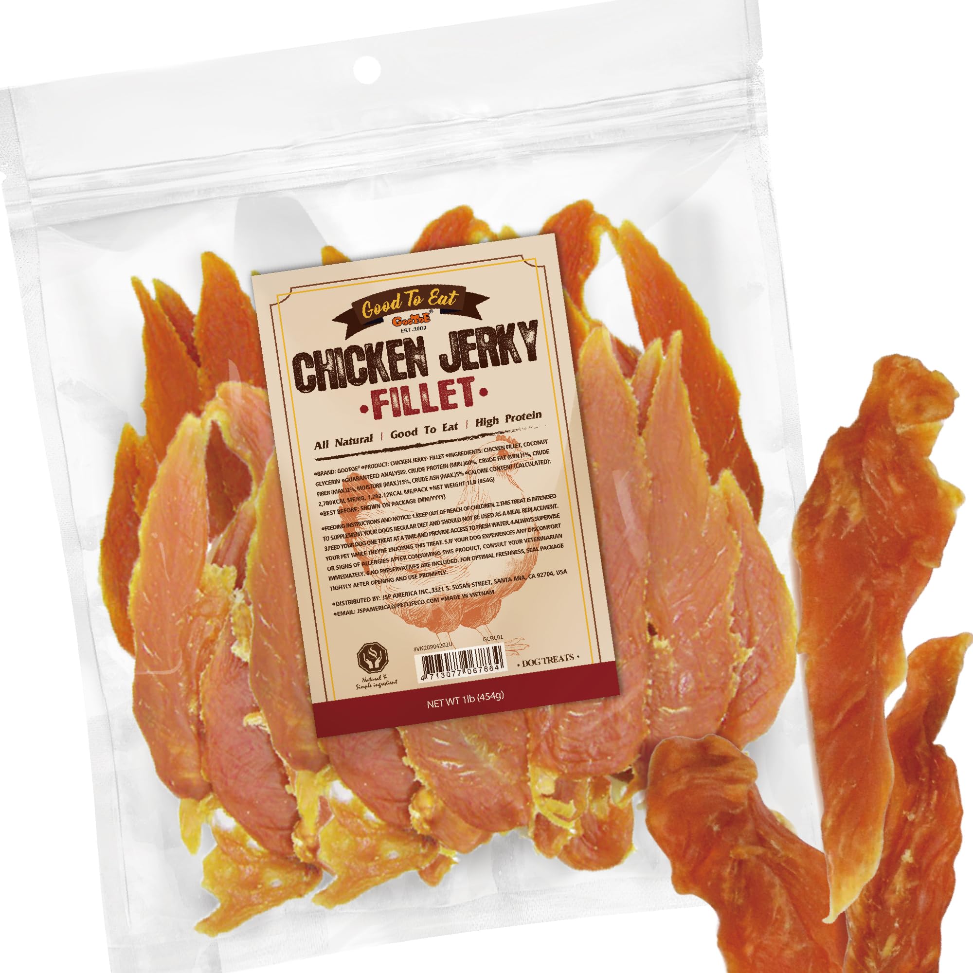Gootoe tiras de pollo secas 1 libra, snack proteico ideal para perros activos.