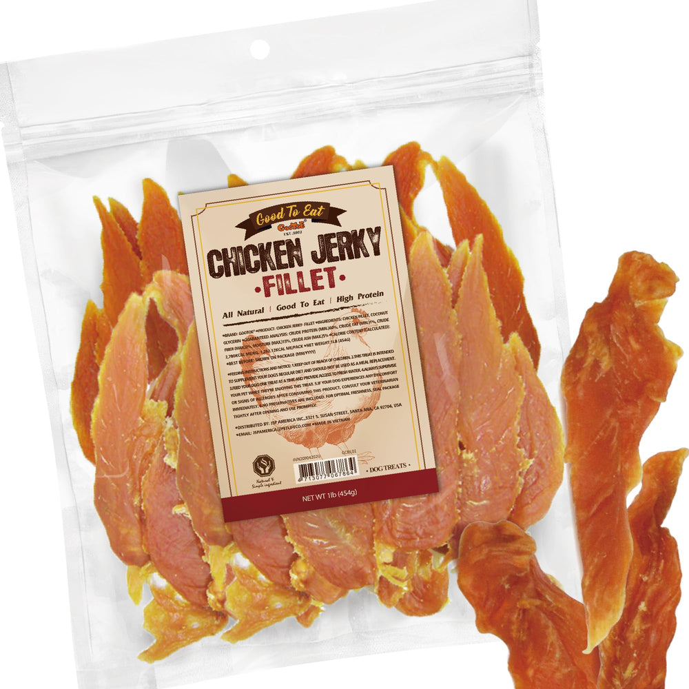 Gootoe tiras de pollo secas 1 libra, snack proteico ideal para perros activos.
