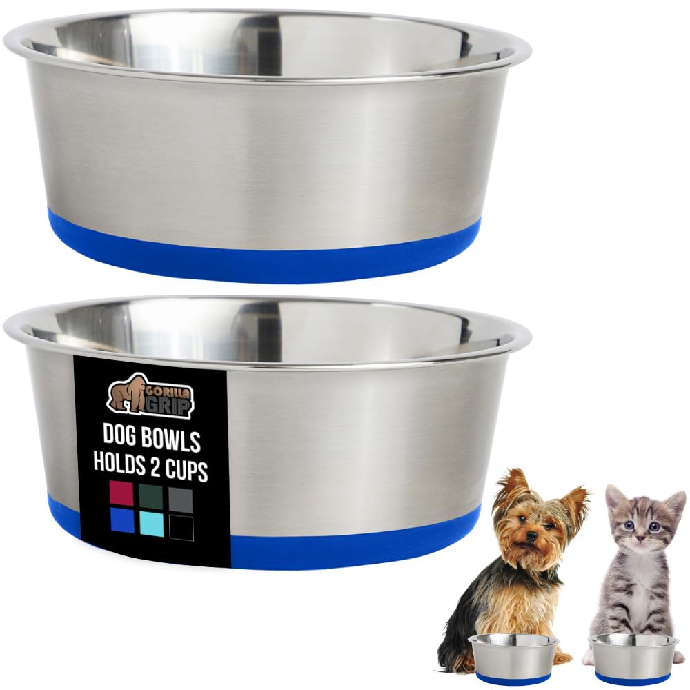 Gorilla Grip cuenco azul para perros y gatos, 2 tazas de capacidad para comida y agua.
