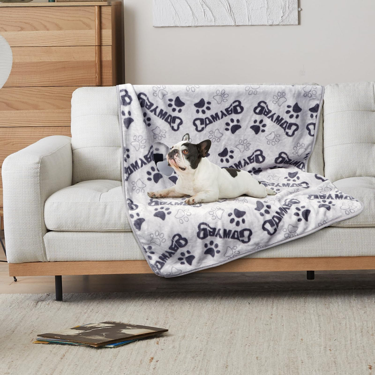 Manta Gowyeg para perro pequeño con diseño de huesos y huellas, doble cara.