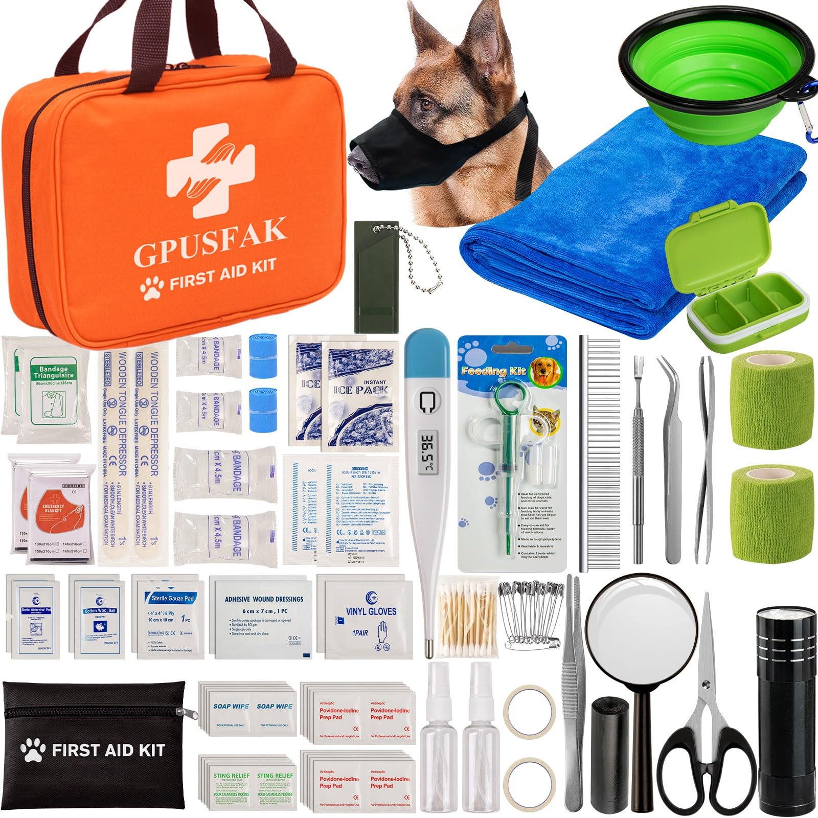 Kit GPUSFAK de primeros auxilios para mascotas en un bolso compacto para coche.