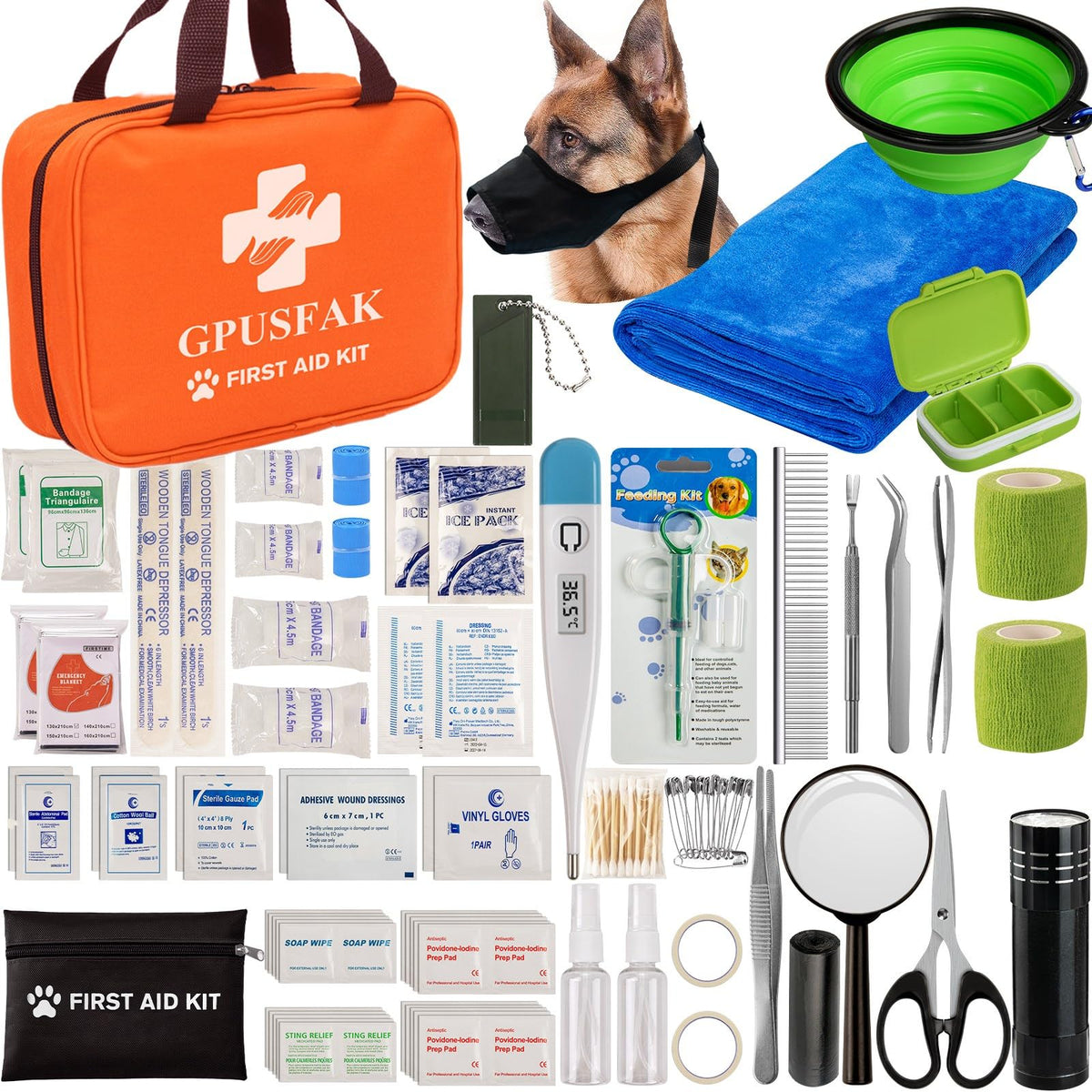 Kit GPUSFAK de primeros auxilios para mascotas en un bolso compacto para coche.