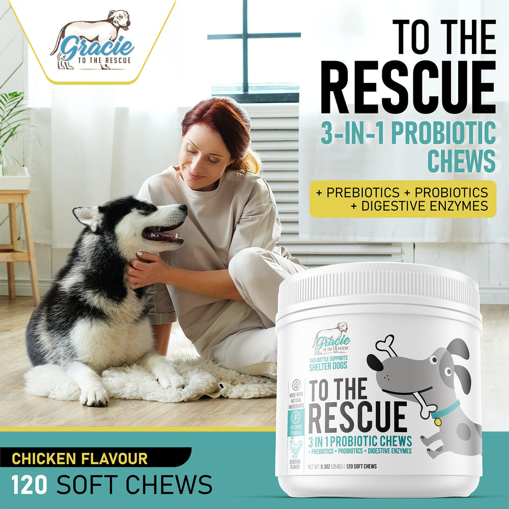 Envase estadounidense de Gracie To The Rescue con masticables probióticos para perros