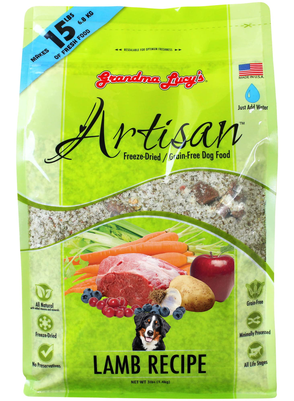 Grandma Lucy's artesanal cordero: trozos visibles para perros con sensibilidad alimentaria.