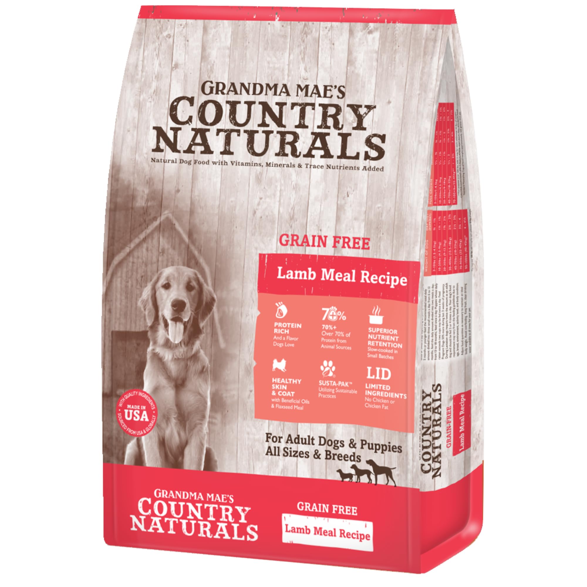 Grandma Mae's Country Naturals Alimento Seco para Perros con Cordero, bolsa 25 libras, sin granos.