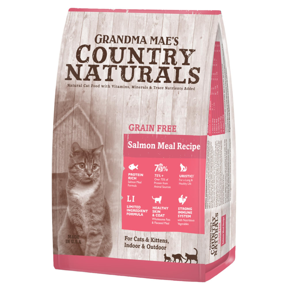Comida para gatos Grandma Mae's con salmón, alimento seco sin granos para gatos y digestión saludable.