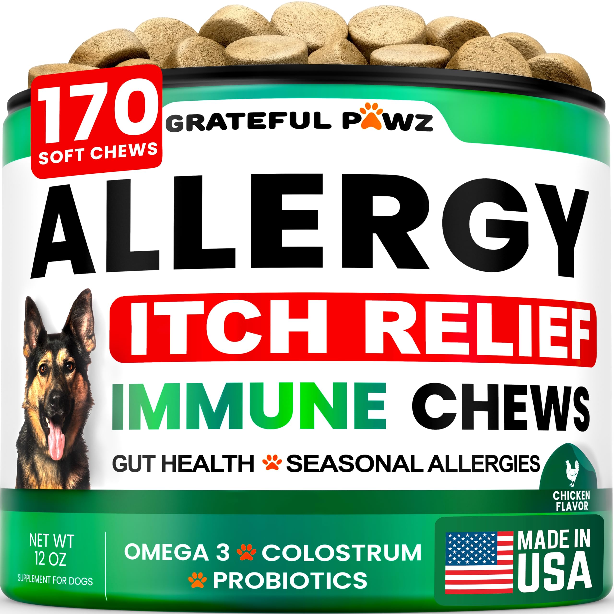 Grateful Pawz paquete de bocados para alergias, apoyo a la piel y pelaje.