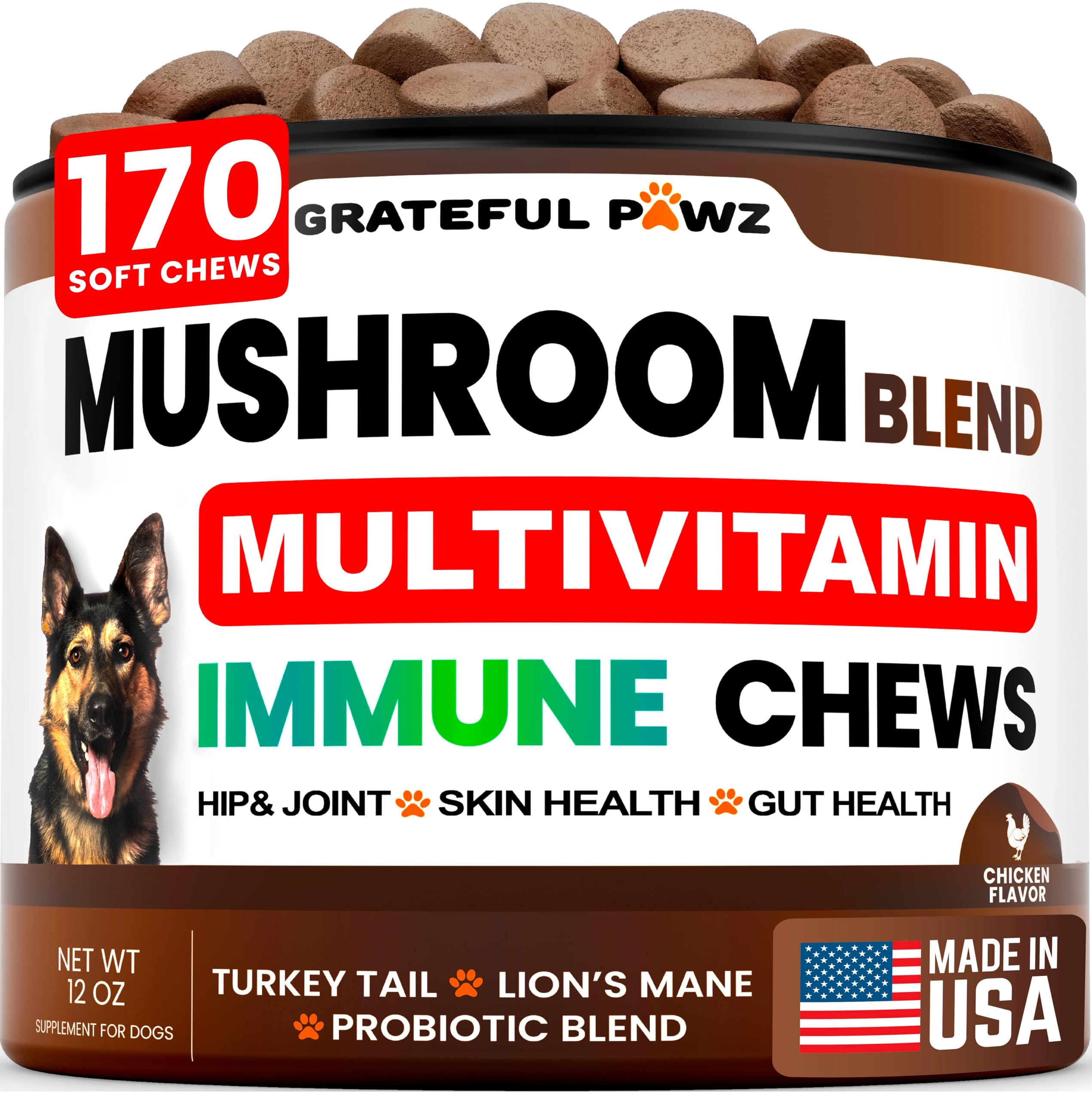 Grateful Pawz cola de pavo: suplemento para perros, botella con vertido, apoya defensa inmunitaria.