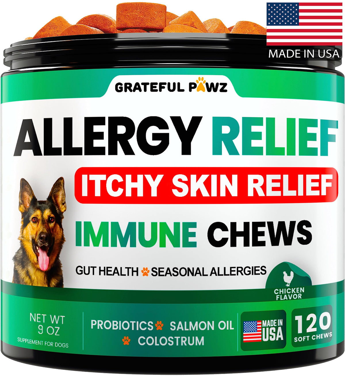 Envase Grateful Pawz: masticables para alergias en perros, apoyo digestivo.