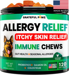 Envase Grateful Pawz: masticables para alergias en perros, apoyo digestivo.