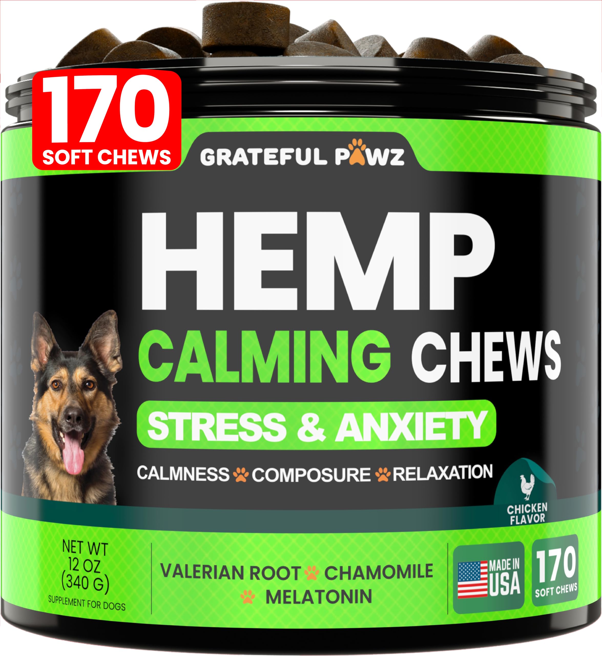 Gomitas calmantes Grateful Pawz para perros, paquete visible, calma diaria.