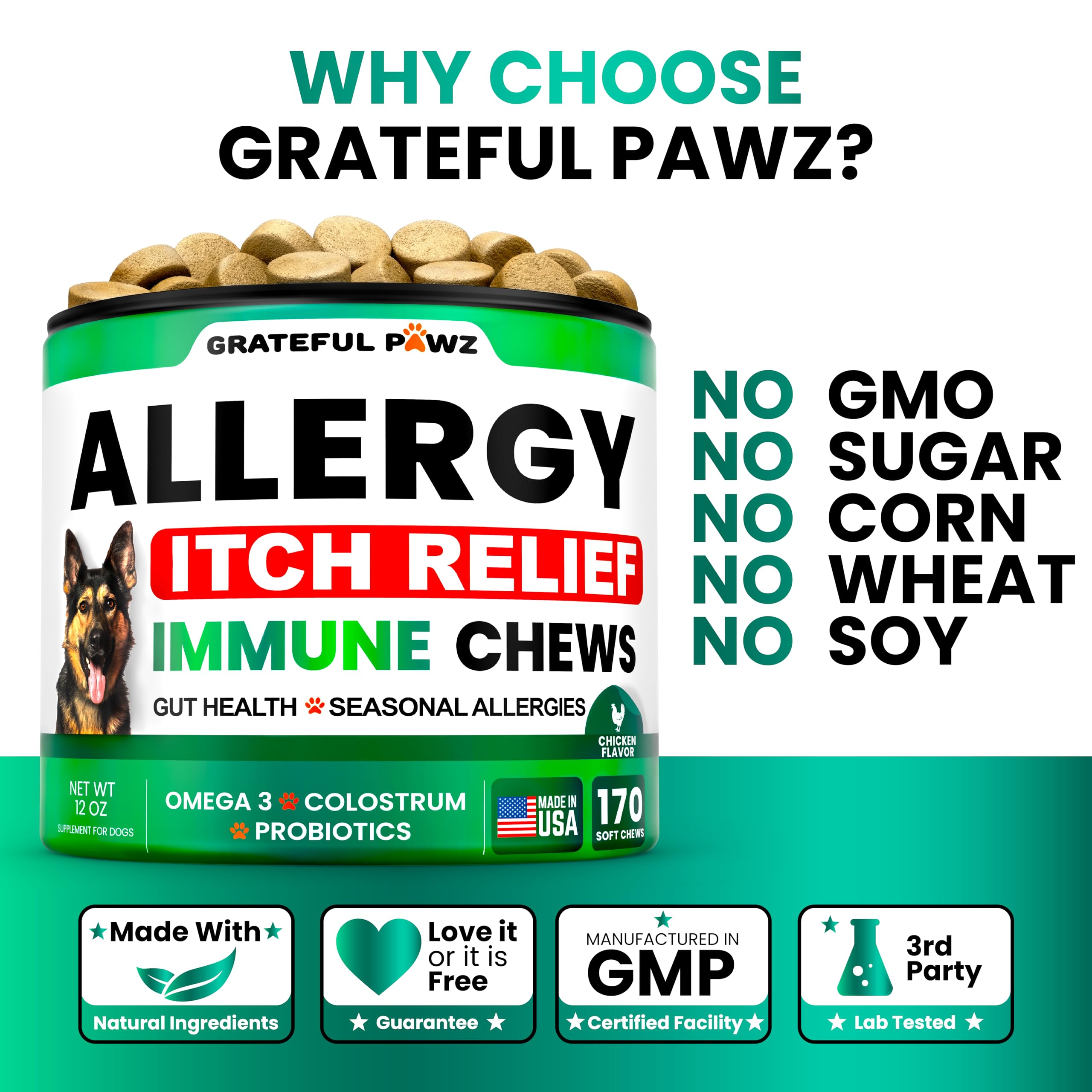 Grateful Pawz hecho en EE.UU., fórmula natural sin aditivos artificiales.