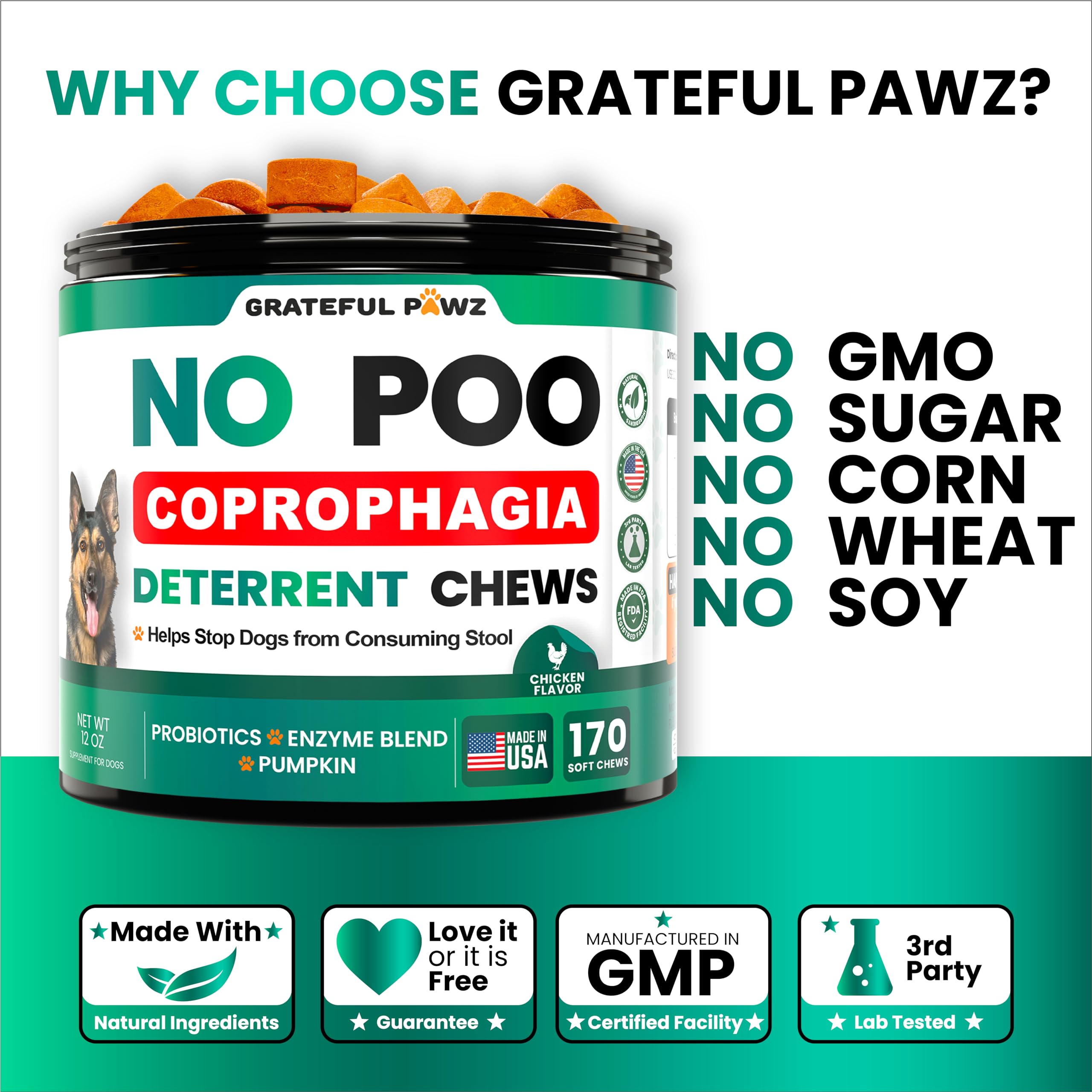 Grateful Pawz: ingredientes probióticos y enzimas para la salud intestinal.