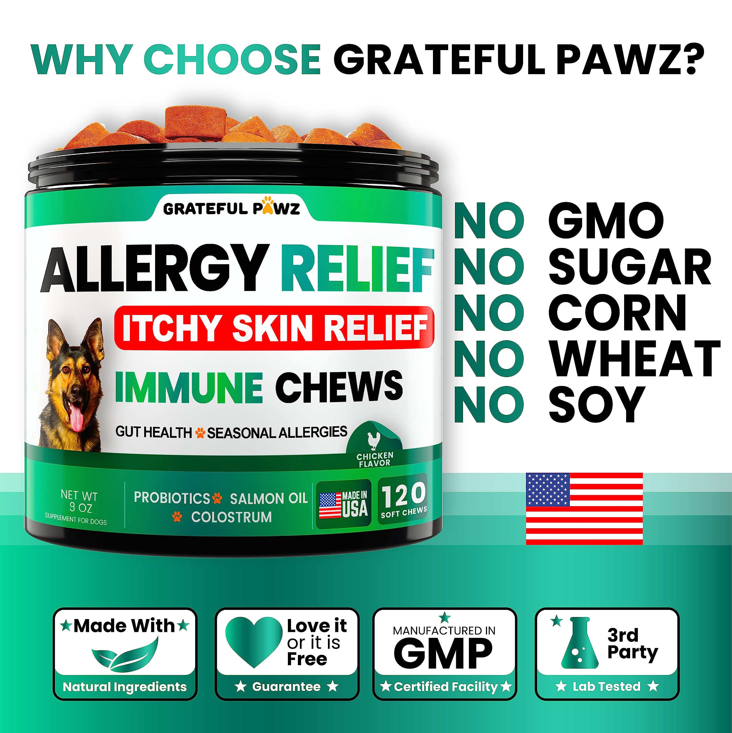 Ingredientes probióticos, omega-3 y colostro en Grateful Pawz.
