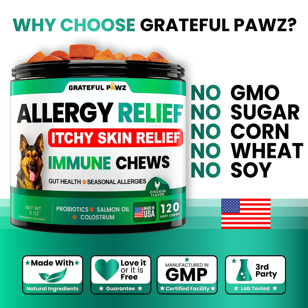 Ingredientes probióticos, omega-3 y colostro en Grateful Pawz.