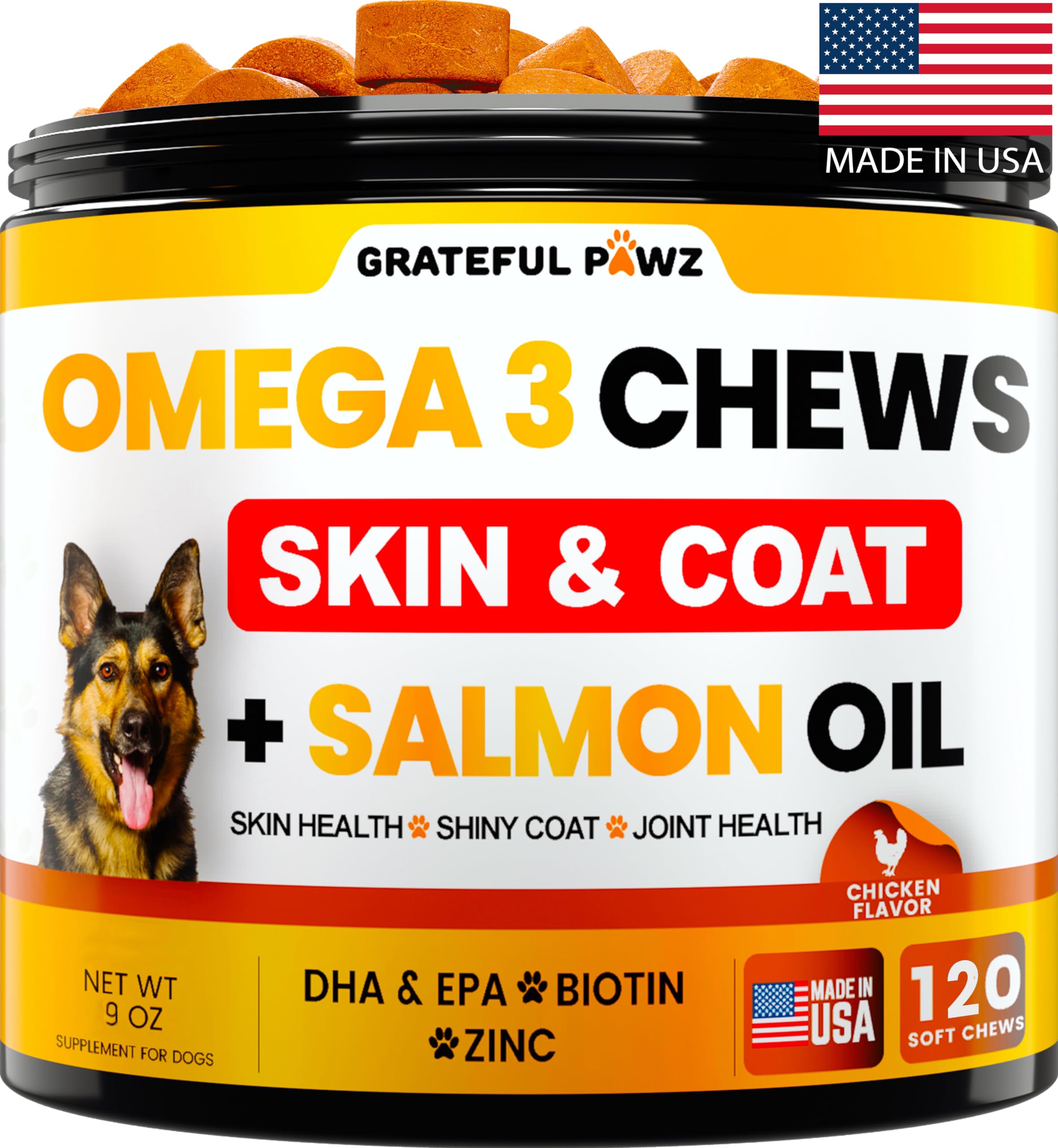 Grateful Pawz Omega 3 para perros: botella de masticables para pelaje saludable.