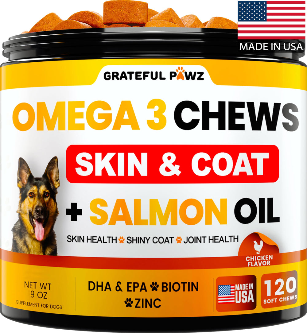 Grateful Pawz Omega 3 para perros: botella de masticables para pelaje saludable.