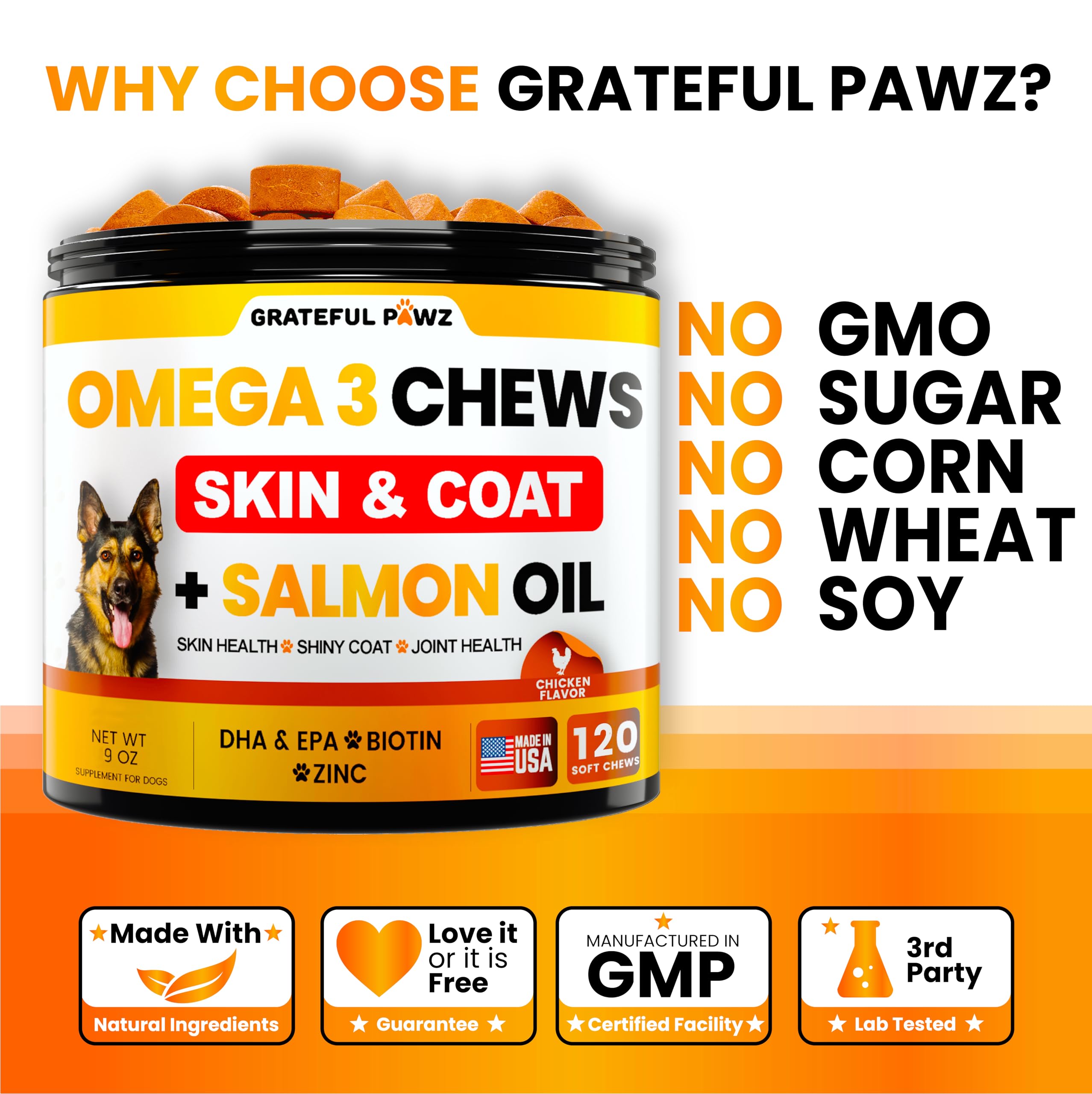 Grateful Pawz Omega 3 para perros: hecho en EEUU con ingredientes naturales.