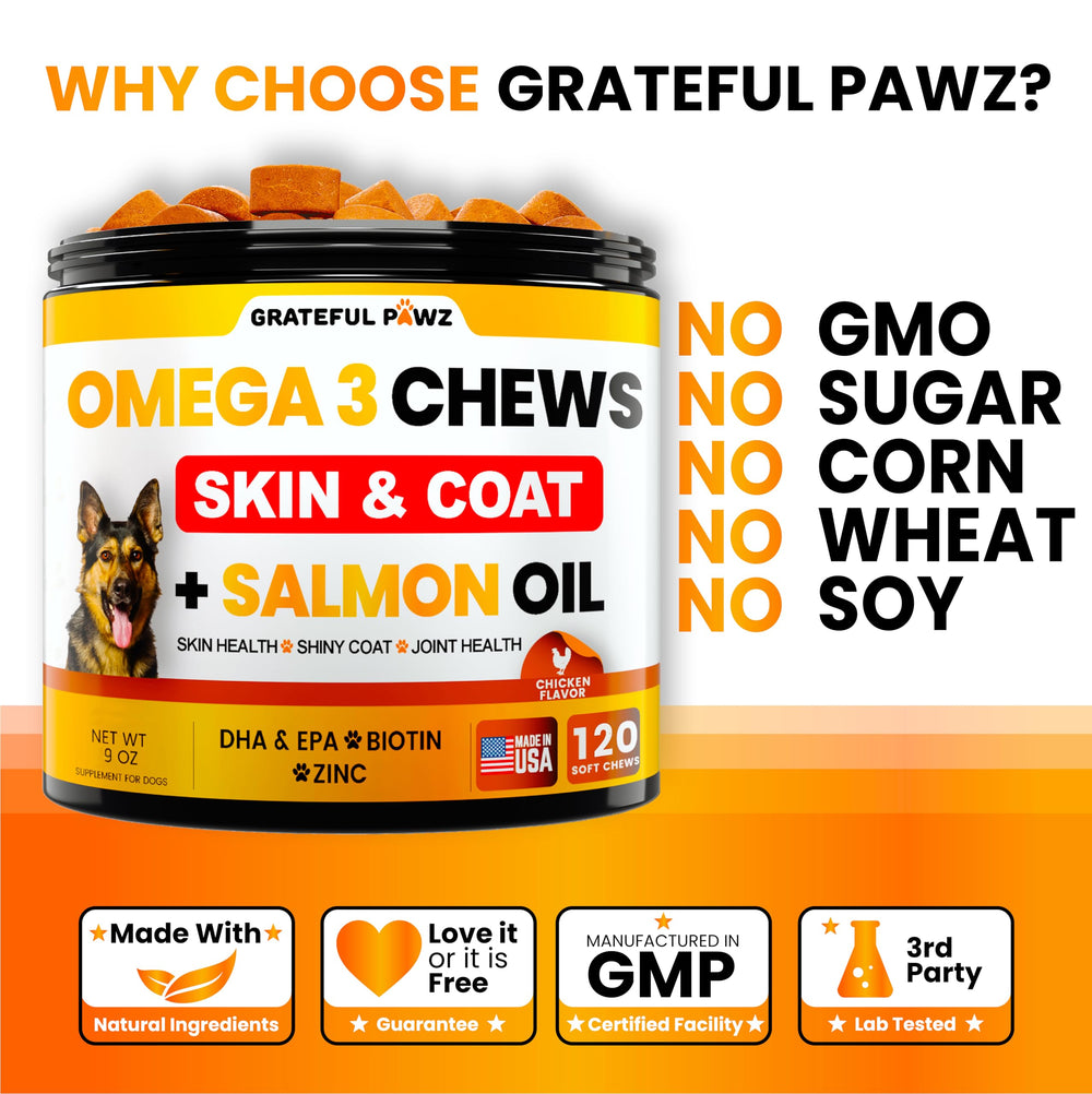 Grateful Pawz Omega 3 para perros: hecho en EEUU con ingredientes naturales.