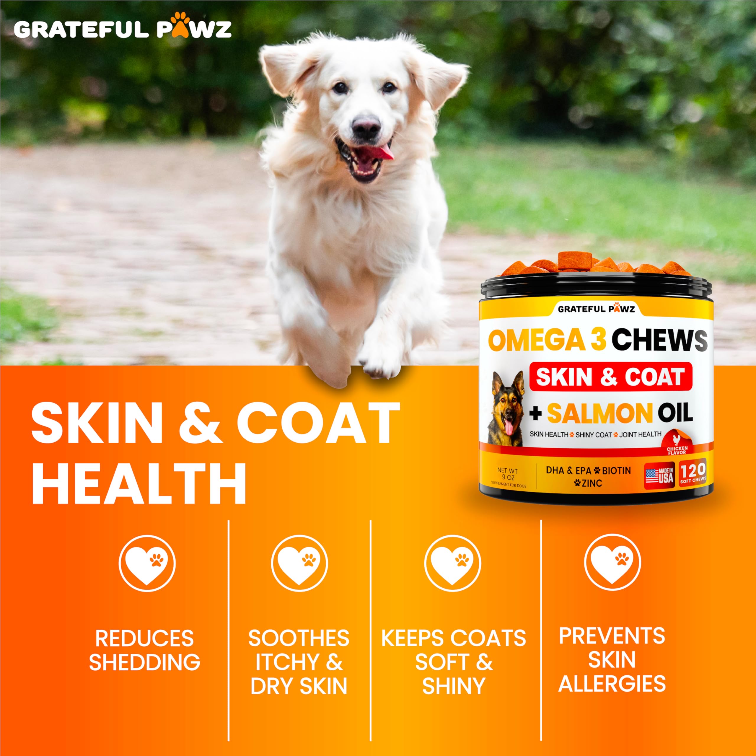 Grateful Pawz Omega 3 para perros: piel sana y alivio suave de irritaciones.